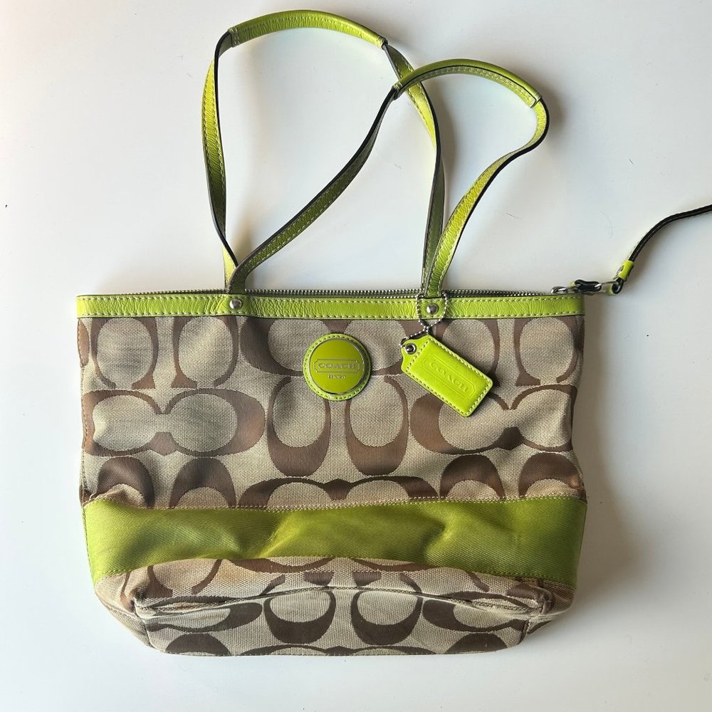 Coach Signature Canvas Lime Green Trim Tote Satchel Shoulder Bag Handbag Purse
